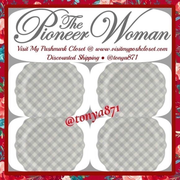 đŚâNew PioneerâWomanâGrayâGinghamâDinnerâPlates,âSetâofâ4 - Picture 3 of 7